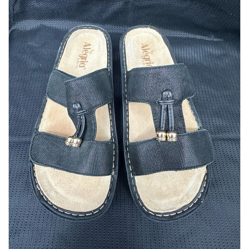 ALEGRIA by PG Lite Women's Van-731 Leather Black Thong Wedge Sandals Sz 40/9
